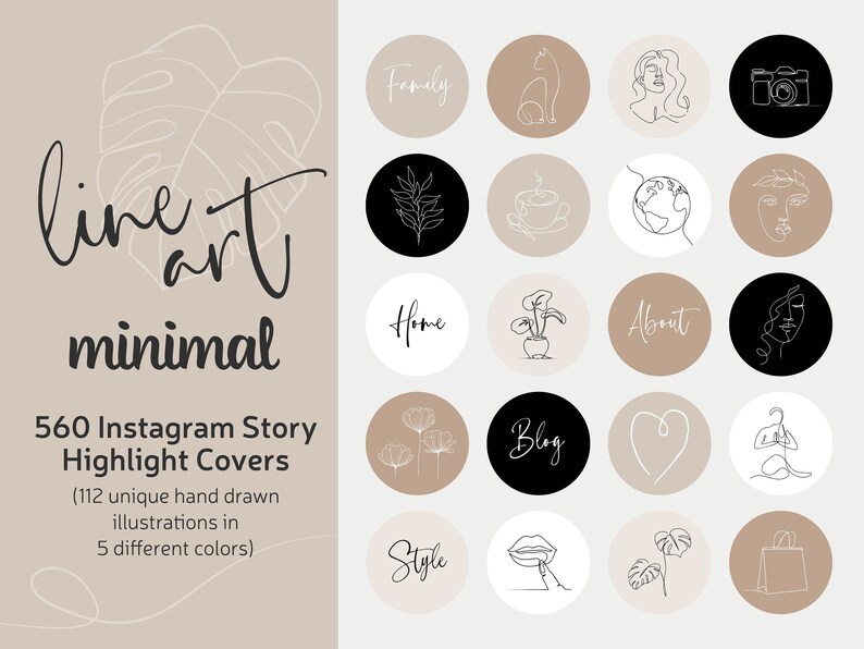 Minimal Line Art Instagram Highlight Covers, Minimalist Highlight Icons, Cream, Beige And Black Colors Hand Drawn Lifestyle Story Highlights 