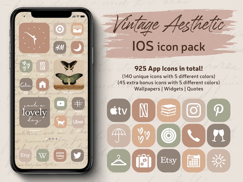 Vintage Aesthetic iOS 16 App icons Theme Pack, Earthy iPhone Cover, Retro Aesthetic App Icon Bundle, Vintage Wallpapers & Widgets And Quotes 