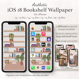 Sfondo libreria schermata iniziale iOS 18, organizza le icone delle app con stile, adatta icone grandi e piccole, accogliente sfondo iPhone con libri e piante