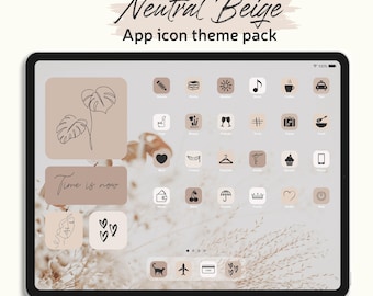 Può includere: Un tablet digitale che mostra un pacchetto di temi di icone di app beige. Lo schermo mostra varie icone in una tavolozza di colori neutri, con il testo "Neutral Beige" e "App icon theme pack" in alto. Alcune icone includono una matita, un libro, un sole e una nota musicale.