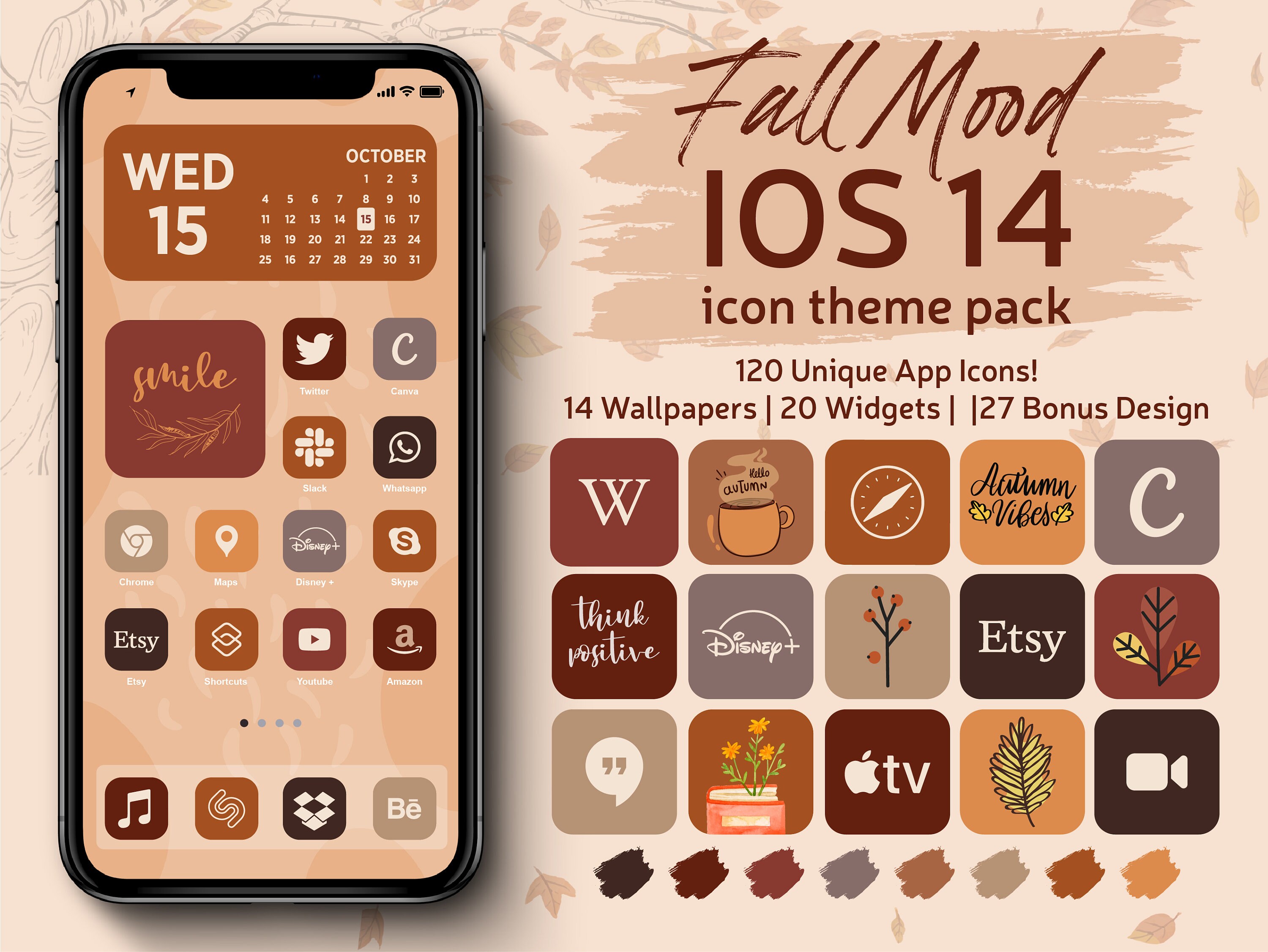 iPhone iOS 14 App icons Theme Pack, 120 Fall Mood App Icons Bundle, A…