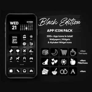 Black App Icons Pack, Dark Phone Theme, Widgets & Wallpapers (Digital Download)