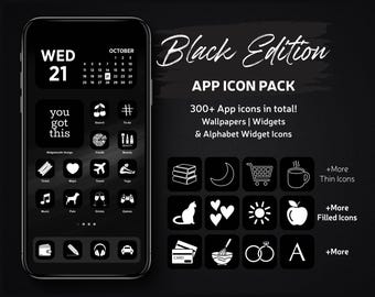 Black Edition App Icons Pack Phone Theme, Thin and Filled App Covers, Dark Widgets and Wallpapers