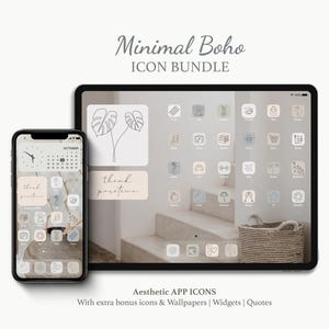 Könnte beinhalten: Ästhetische App-Symbole auf einem Smartphone und Tablet. Das Minimal Boho Icon Bundle enthält Hintergrundbilder, Widgets und Zitate. Das Smartphone zeigt einen Kalender und eine Uhr. Das Tablet zeigt verschiedene App-Symbole mit einer neutralen Farbpalette.