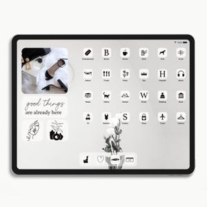 Pacote de ícones minimalistas brancos para aplicativos, tema simples e elegante para tablets, focado em produtividade, ícones, papéis de parede e widgets em preto sobre branco.