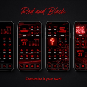 Red and Black App icons iPhone IOS Theme | Minimalist Black App Cover | Red on Black Widgets with Bonus Alphabet Icons and Phone Wallpapers