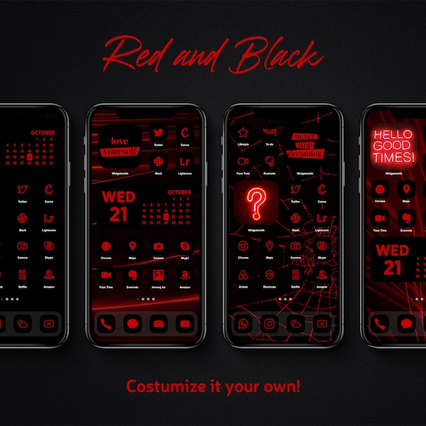 Red and Black App icons iPhone IOS Theme | Minimalist Black App Cover | Red on Black Widgets with Bonus Alphabet Icons and Phone Wallpapers