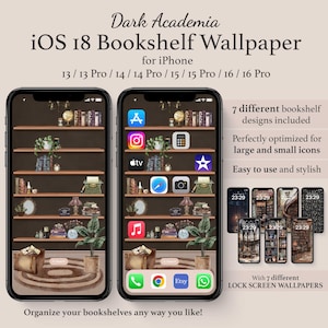 Dark Academia Bookshelf Wallpapers, iOS 18 Brown Homescreen, Organize App Icons in Gothic iOS Theme, Dark Moody iPhone Lockscreen Background