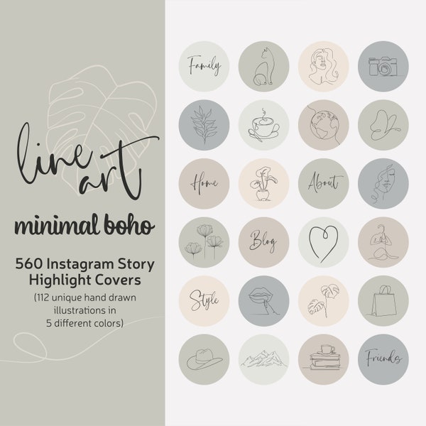 Minimal Boho Line Art Instagram Highlight Covers, Minimalist Hand Drawn Lifestyle Highlights, Neutral Aesthetic IG Story Highlight Icon Pack