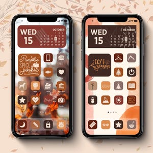 秋のムードを演出するアプリアイコンセット、秋のスマホテーマパック、美しいホーム画面、オレンジとブラウンのカラー