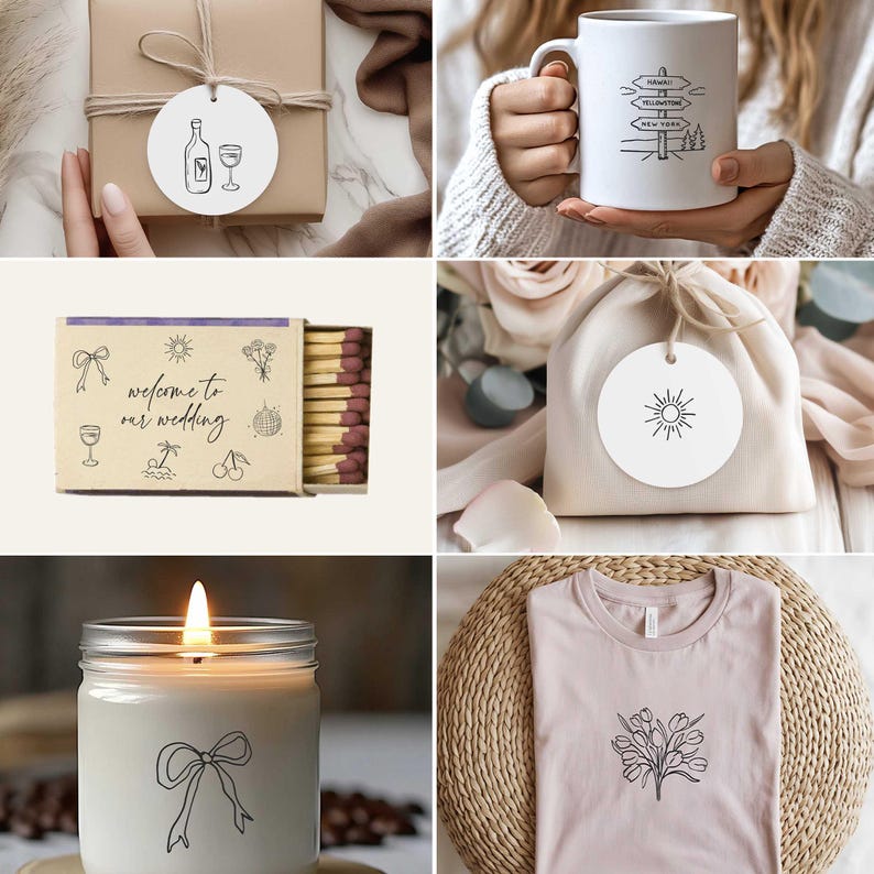 May include: A collection of gift tags, a mug, a matchbox, a drawstring bag, a candle, and a t-shirt. The gift tags and mug feature black line art. The matchbox reads "welcome to our wedding." The t-shirt is light pink with a black floral design.
