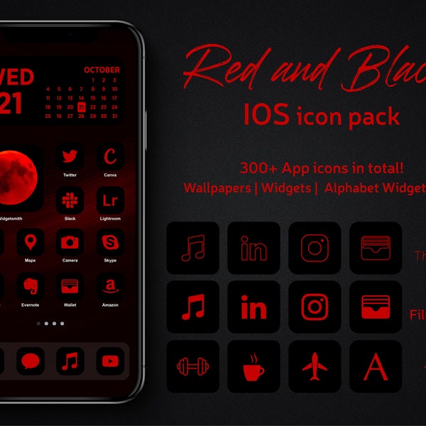 covers app on iphone Red and Black App icons IPhone IOS 16 and iOS 15 Theme, Minimalist Black App Cover, Red on Black App Icons with Bonus Alphabet Widgets Icons