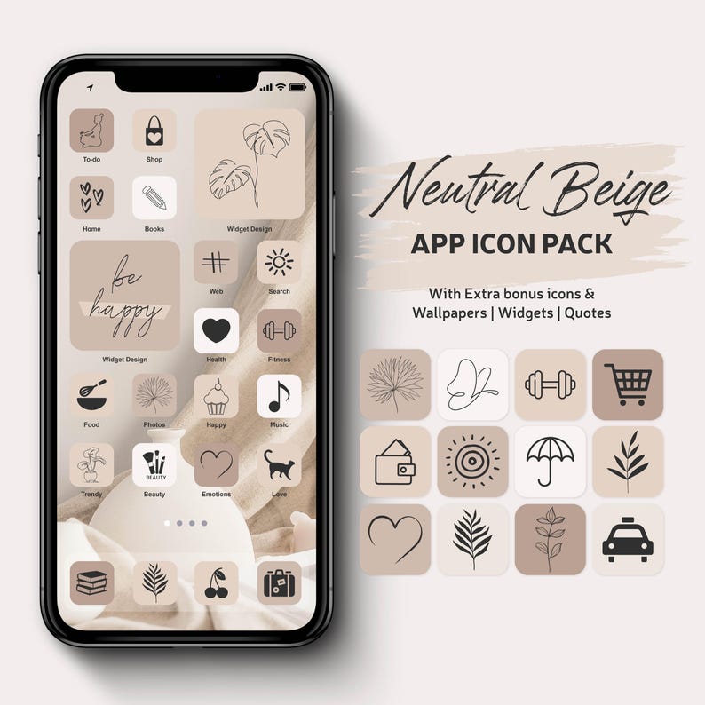 Neutral beige app icon pack with matching phone wallpapers, filled and thin line icon covers, and beige tone widgets for minimalist home screen desig