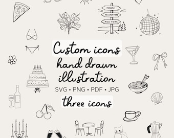 Custom Hand Drawn 3 Doodle Icons, Hand Drawn Illustration Icons for Birthdays, Parties, Invitations, Menus, Personalized Clipart PNG SVG Set
