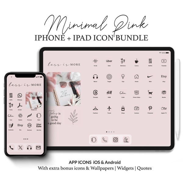 iPhone & iPad App Icon Pack Minimal Pink Theme | Pastel Pink App Icons And Widgets | Streamlined Chic Homescreen with Pale Pink Wallpapers