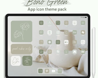 Pack d'icônes d'application pour iPad vert bohème, thème iPad vert sauge, couverture d'icônes d'application esthétique minimale, papier peint iPad et widgets de citation pour écran d'accueil iPad