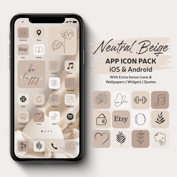 Pack d'icônes d'application beige neutre | Thème iOS pour iPhone | Fonds d'écran de téléphone | Icônes d'application noires sur beige remplies et fines | Widgets de tons beiges