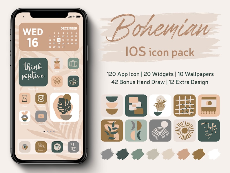Bohemian IPhone iOS 16 App icons Theme Pack, Cream Beige Aesthetic Home Screen, Abstract App Icon Bundle, IOS Boho Style Wallpaper & Widgets 