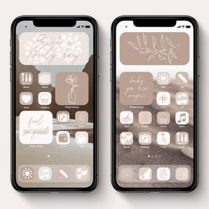 May include: Two smartphones with custom home screen designs in beige and brown tones. One screen displays "Such a lovely day", the other "baby you are magic". The icons are minimalist and the overall design is clean and modern.