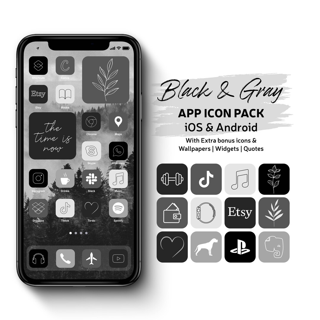 Black & Gray App Icon Pack for iPhone Minimalist Black Ios Theme Pack