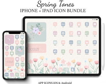 Frühlingstöne iPhone und iPad App Icon Packs | Süßes iOS Theme | Weiche rosa Symbole | Pastell Blau & Grün Widgets | Floral ästhetische Tapeten