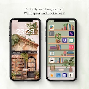 Könnte beinhalten: Zwei Smartphones mit passenden Hintergrundbildern und App-Symbolen. Eines zeigt eine Buchladen-Szene mit dem Text "NEW YORK BOOKSTORE". Das andere zeigt ein Bücherregal-Design mit App-Symbolen. Der Text "Perfectly matching for your Wallpapers and Lockscreen!" ist sichtbar.