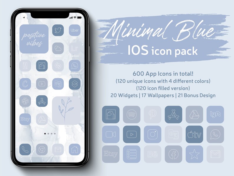 Iphone IOS 14 App Icons Pack Minimal Blue Icon Bundle Etsy