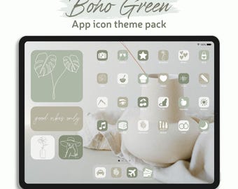 Boho saliegroen iPad-app-iconenpakket, esthetisch thema (digitale download)