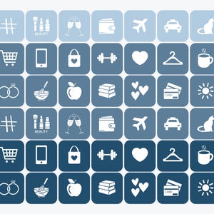 May include: A grid of blue and light blue squares, each containing a white icon. Icons include a shopping cart, phone, heart, dumbbell, rings, books, and more. Some squares have the word "BEAUTY".