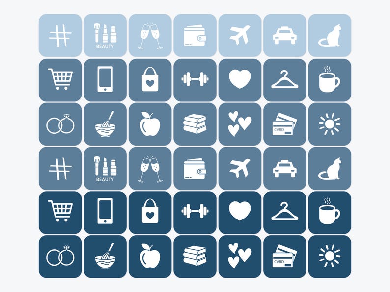 May include: A grid of blue and light blue squares, each containing a white icon. Icons include a shopping cart, phone, heart, dumbbell, rings, books, and more. Some squares have the word "BEAUTY".