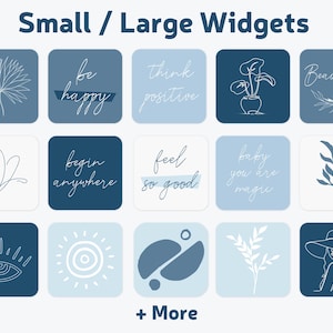 May include: A collection of square widgets in shades of blue, each featuring minimalist line art and inspirational phrases like "be happy" and "think positive." The image includes the text "Small / Large Widgets" and "+ More."