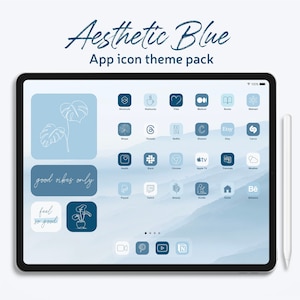 Pacchetto icone app blu estetico / tema iPad / sfondi, widget con icone app bianche per schermata iniziale iPad / toni blu pieni e icone sottili