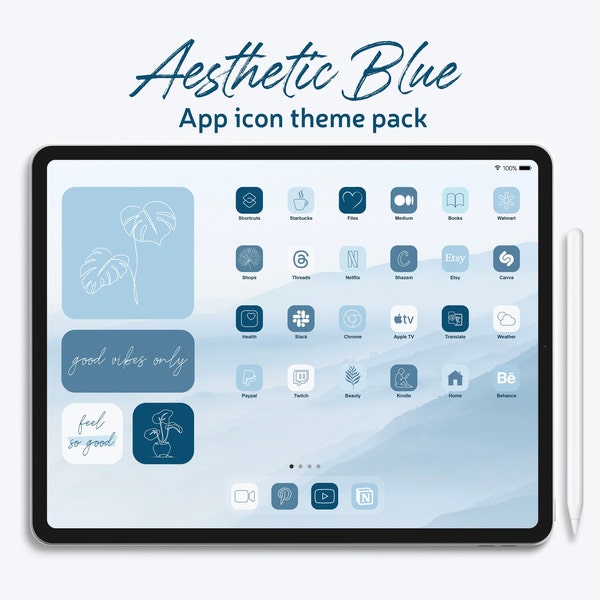 Aesthetic Blue App Icon Pack | iPad Theme | Wallpapers, Widgets with White App Icons for iPad Homescreen | Blue Tones Filled and Thin Icons