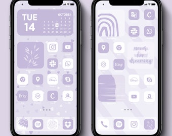 iPhone iOS Pastel Purple App Icon Pack with White App Icons, Aesthetic iPhone Homescreen Lilac Wallpapers, Lavender iPhone IOS Widget Covers