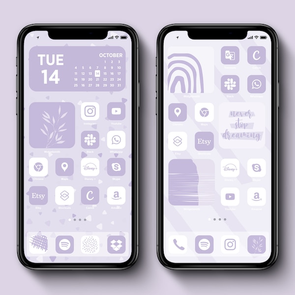 iPhone iOS Pastel Purple App Icon Pack with White App Icons, Aesthetic iPhone Homescreen Lilac Wallpapers, Lavender iPhone IOS Widget Covers