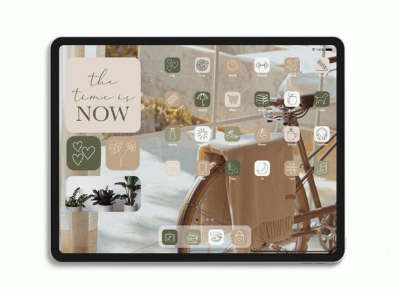 App icons Pack Earth Tones Tablet Theme, Boho Homescreen with Green and Beige Icon Cover, Wallpapers and Widgets
