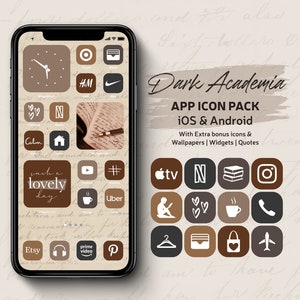 Dark Academia IPhone iOS App icons Theme Pack, Classic Art App Covers, Brown Aesthetic iPhone Home Screen Wallpapers, Widgets & Quotes Pack