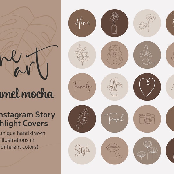 Caramel Mocha Coffee Instagram Highlight Line Art Icons, Cream And Brown Colors Lifestyle Story Highlights, Minimalist Highlight Icon Covers