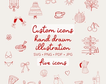 5 Custom Red Hand Drawn Icons | Personalized Illustration Set | Digital Stickers and Clipart for Events