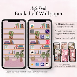 Könnte beinhalten: Zwei Smartphones zeigen einen weichen, rosa Bücherregal-Hintergrund mit Symbolen. Das Design umfasst sieben Bücherregalstile und ist für große und kleine Symbole optimiert. Das Bild zeigt auch sechs verschiedene Sperrbildschirm-Hintergründe. Text: "Soft Pink Bookshelf Wallpaper."