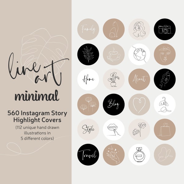 Minimale lijntekeningen Instagram hoogtepunt covers, minimalistische hoogtepunt iconen, crème, beige en zwarte kleuren Hand getrokken levensstijl verhaal hoogtepunten