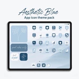 Paquete de iconos de aplicaciones azules estéticos; fondos de pantalla, widgets con iconos blancos, cubiertas para la pantalla de inicio, iconos rellenos y delgados en tonos azules.