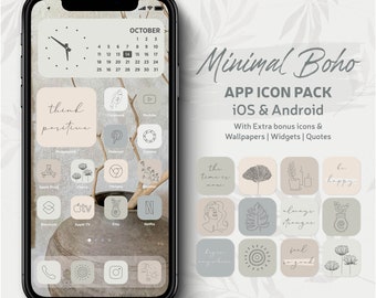 Minimal Boho IPhone App icons Pack Compatible iOS 17, Pastel Green Neutral Aesthetic Home Screen, Light Gray And Pink, Black Lines App Icons