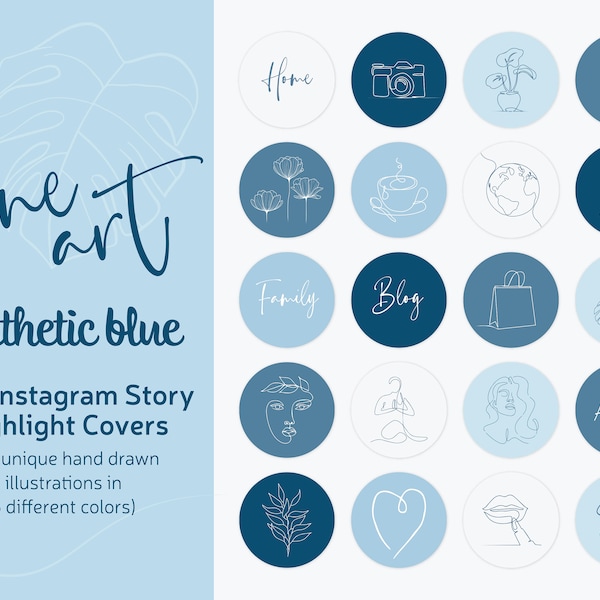 Blue Line Art Instagram Story Highlight Covers | Life Style Blue Tones IG Story Icons Pack | Aesthetic Boho Highlight Story Covers for Insta