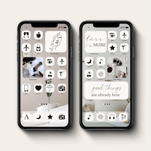 Paquete de íconos de aplicaciones minimalistas en blanco, tema de pantalla de inicio minimalista, simple y elegante para productividad, fondos de pantalla y widgets con íconos en blanco y negro.