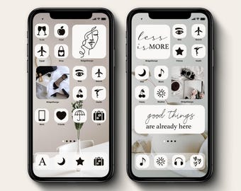 Minimal White App Icon Pack, Simple Stylish Minimalist Homescreen Theme for Productivity, Black On White Icons Wallpapers and Widgets