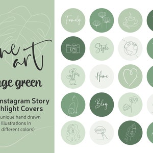 Faits saillants d'Instagram d'art au trait minimal vert sauge, pack d'icônes de surbrillance de couleur verte naturelle, icône Instagram de style de vie esthétique pour les histoires IG