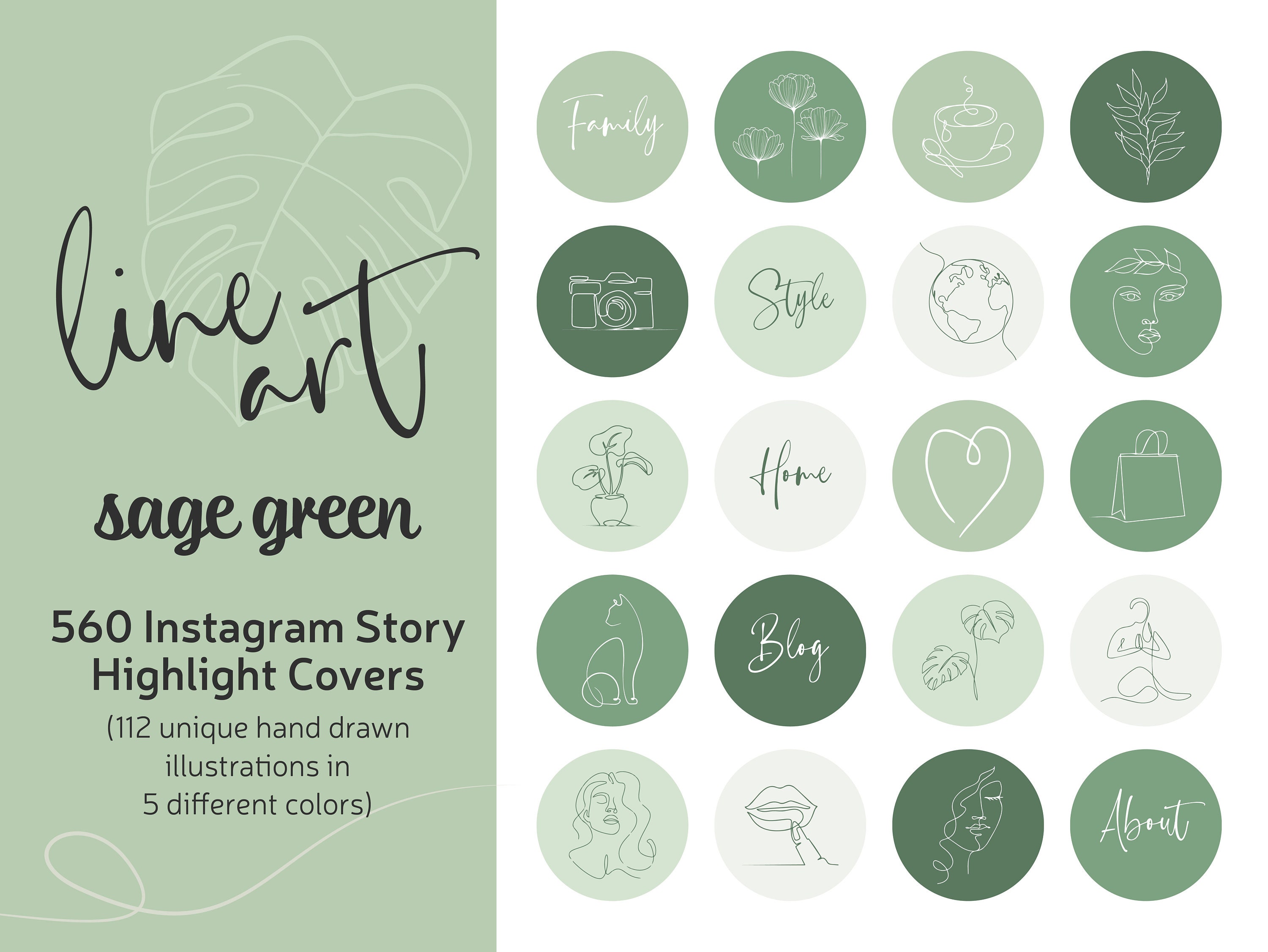 Sage Green Minimal Line Art Instagram Highlights Natural Etsy