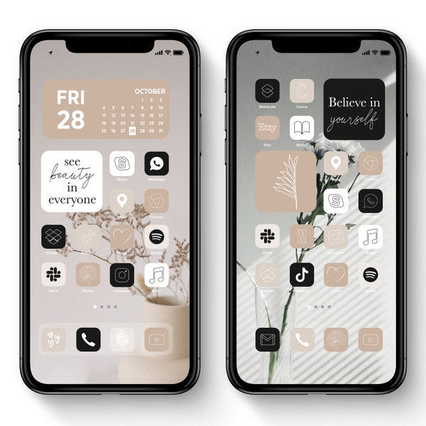 Ästhetisches App Icon Pack, Boho Neutral iOS Icons Set, Moderne Zitate Widgets, Minimale Beige Töne treffen das Stilvolle von Schwarz & Weiß für iPhone