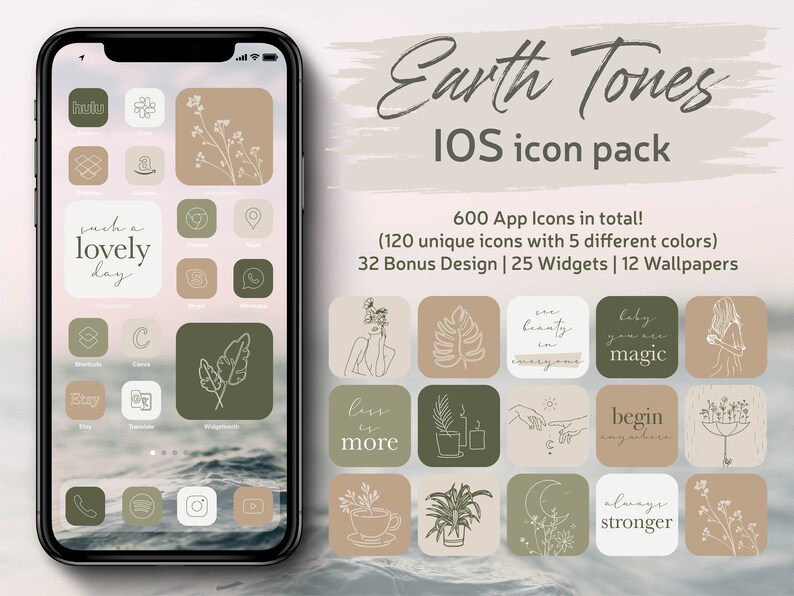 iPhone iOS App icons Earth Tones, Green Aesthetic App Icon, Iphone Home Screen with Beige Color icons, iOS 16 Widgets Quotes and Wallpapers 